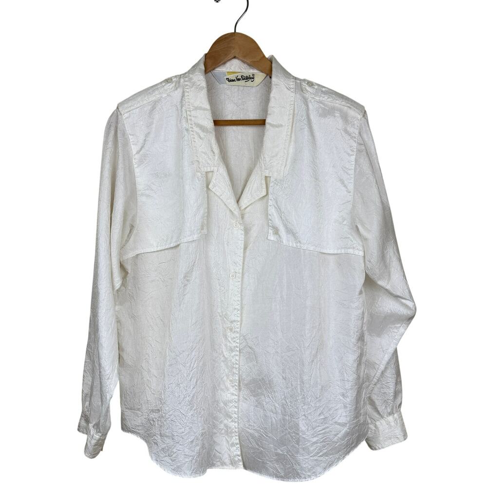 Diane Von Furstenberg Vintage Blouse Crinkle-Effect Satin White 80s Utility 14